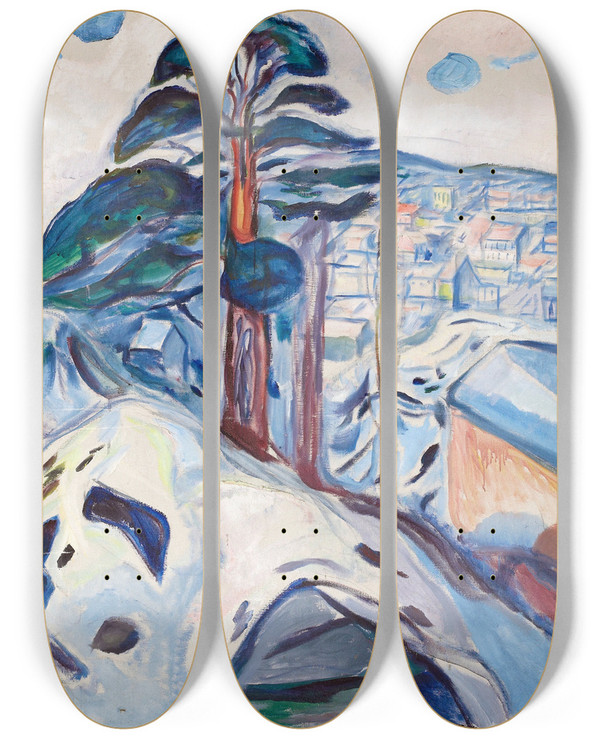 Triptych art skateboard deck of Edvard Munch Winter In Krager by Edvard Munch (1863-1944)