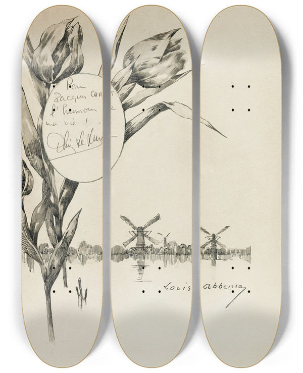 Triptych art skateboard deck of Louise Abbma Paysage Et Ddicace by Louise Abbema (1853-1927)