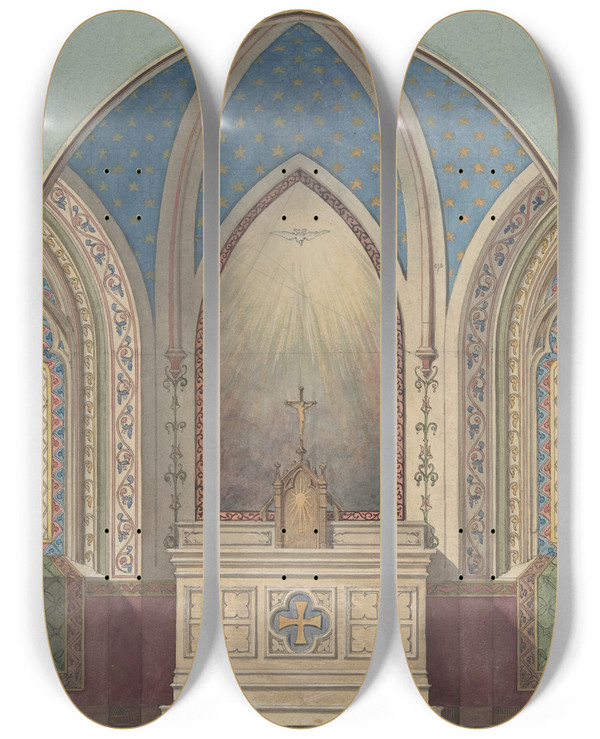 Triptych art skateboard deck of Julesedmondcharles Lachaise Design For Altar Saint Clotilde by Jules-Edmond-Charles Lachaise (1897)