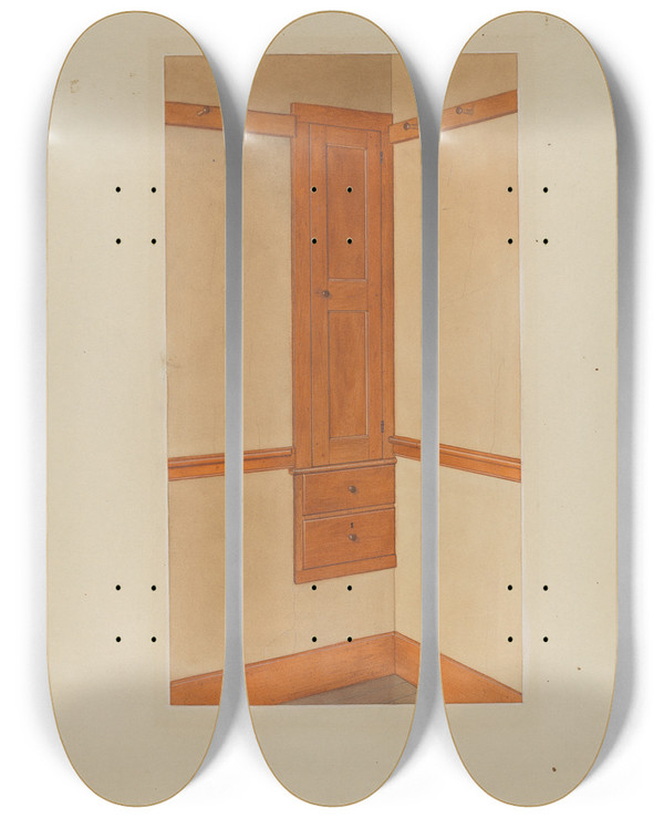 Triptych art skateboard deck of John W Kelleher Shaker Builtin Cupboard by John W Kelleher