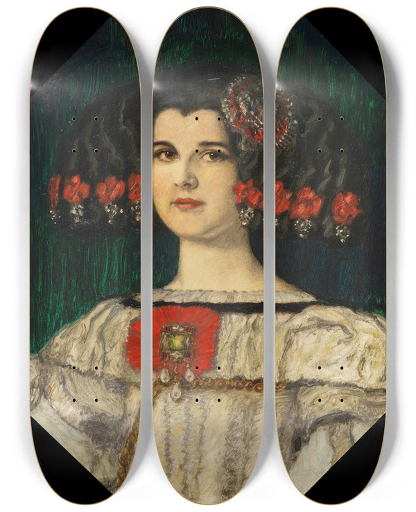 Triptych art skateboard deck of Franz Von Stuck Meine Tochter Mary Im Velzquezkostm by Franz Von Stuck (1863-1928)