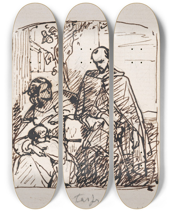 Triptych art skateboard deck of Nicaise De Keyser Torquato Tasso Dressed As A Sheperd Visits His Sister Cornelia In Sorrento_5 by Nicaise De Keyser (1813-1887)