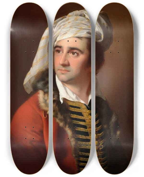Triptych art skateboard deck of Joseph Wright Of Derby Portrait Of A Gentleman In A Red Furtrimmed Coat by Joseph Wright Of Derby (1734-1797)