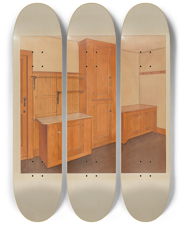 Triptych art skateboard deck of John W Kelleher Builtin Cupboard by John W Kelleher