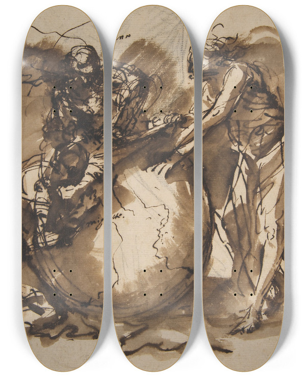 Triptych art skateboard deck of Salvator Rosa Three Figures Around A Globe by Salvator Rosa (1615-1673)