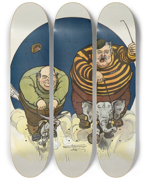 Triptych art skateboard deck of Frank Arthur Nankivell Exercising The Mounts by Frank Arthur Nankivell (1869-1959)