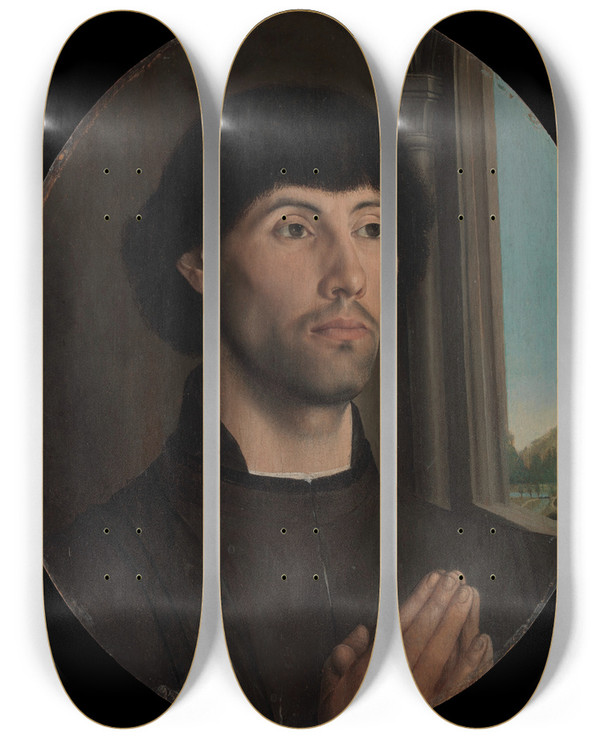 Triptych art skateboard deck of Hugo Van Der Goes Portrait Of A Man by Hugo van der Goes (1467-1482)