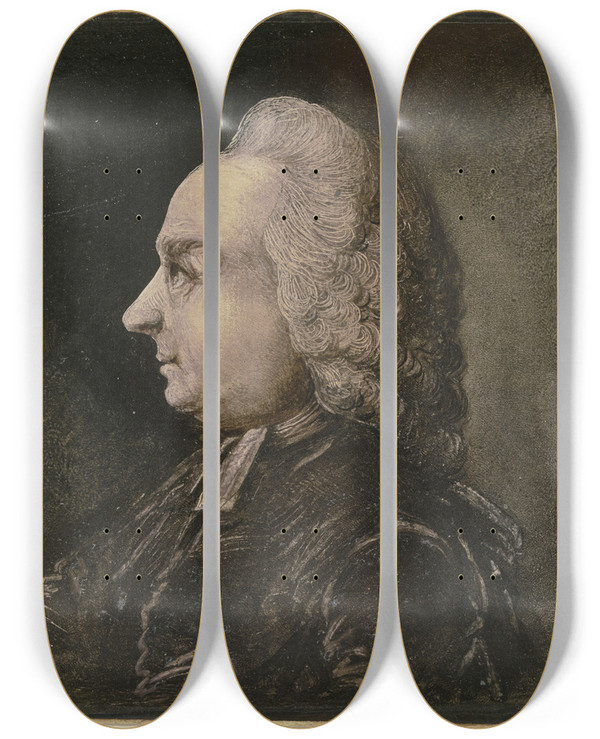 Triptych art skateboard deck of Benjamin Calau Brustbild Eines Geistlichen Mit Percke Im Profil Nach Links by Benjamin Calau (1724-1785)