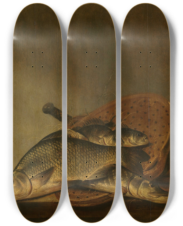Triptych art skateboard deck of Pieter De Putter Still Life With Fish by Pieter de Putter (1605-1659)