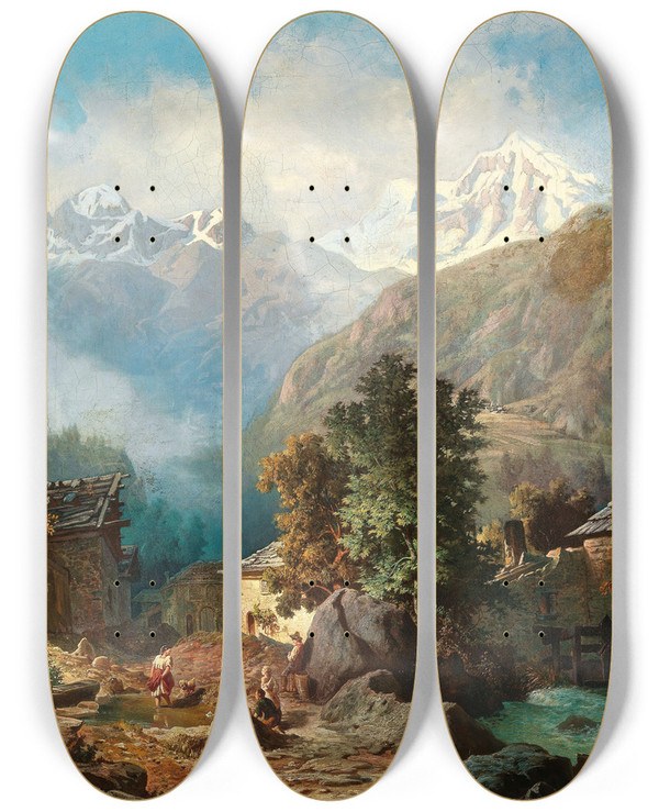 Triptych art skateboard deck of Anton Karinger The Family Idyll In The Background A View Of Ortler From Mals by Anton Karinger (1829-1870)