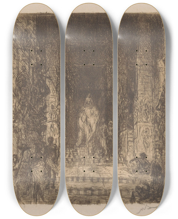 Triptych art skateboard deck of Marius Bauer Tempelolifant In Madurai by Marius Bauer (1867-1932)