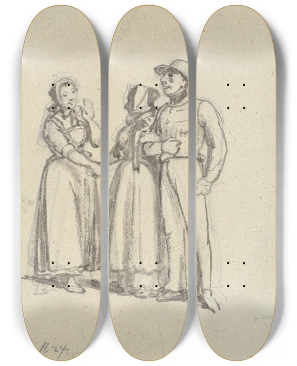 Triptych art skateboard deck of Wilhelm Marstrand Soldatens Moder Mder En Bekendt by Wilhelm Marstrand (1810-1873)