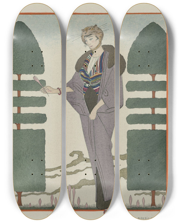 Triptych art skateboard deck of George Barbier Les Colchiques Manteau De Voyage De Paquin by George Barbier (1882-1932)
