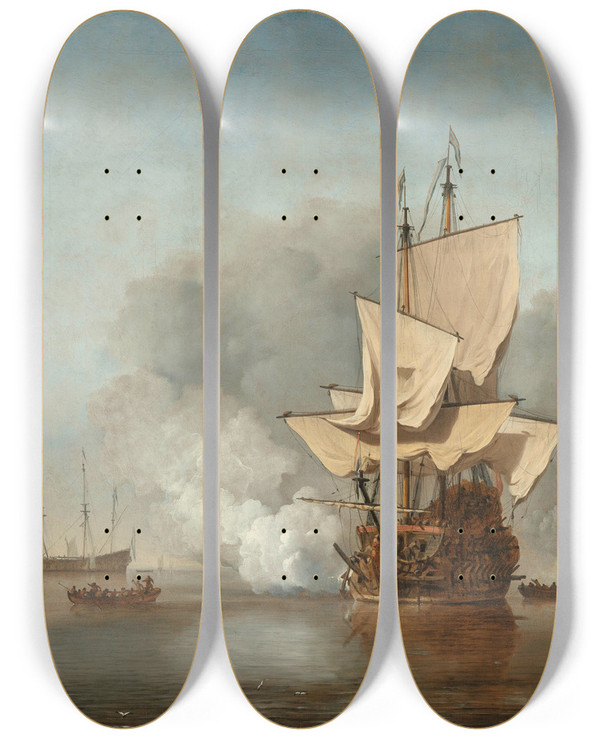Triptych art skateboard deck of Willem Van De Velde The Younger The Cannon Shot by Willem van de Velde the Younger (1633-1707)