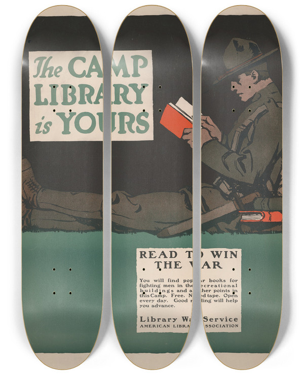 Triptych art skateboard deck of Charles Buckles Falls The Camp Library Is Yours by Charles Buckles Falls (1874-1974)