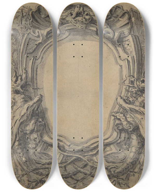 Triptych art skateboard deck of Gillesmarie Oppenord Study For A Cartouche_5 by Gilles Marie Oppenord (1672-1742)