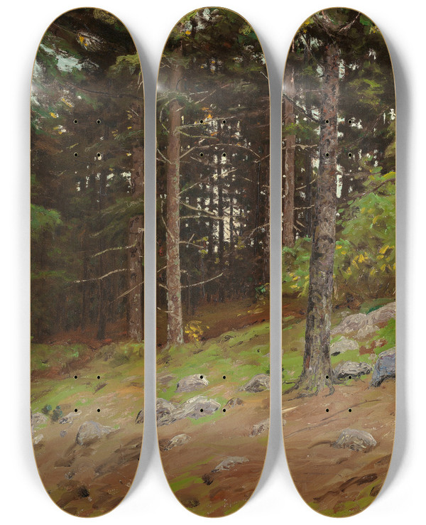 Triptych art skateboard deck of Ben Foster In The Pines by Ben Foster (1852-1926)