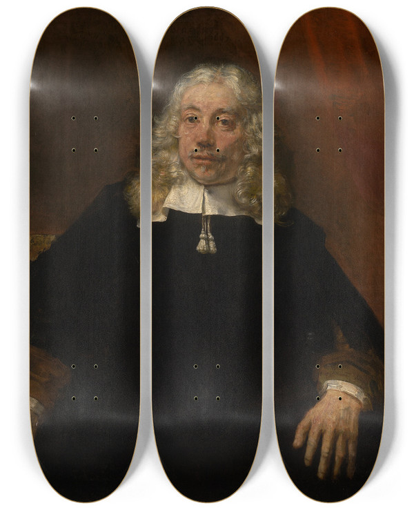 Triptych art skateboard deck of Rembrandt Van Rijn Portrait Of A Whitehaired Man by Rembrandt Van Rijn (1606-1669)