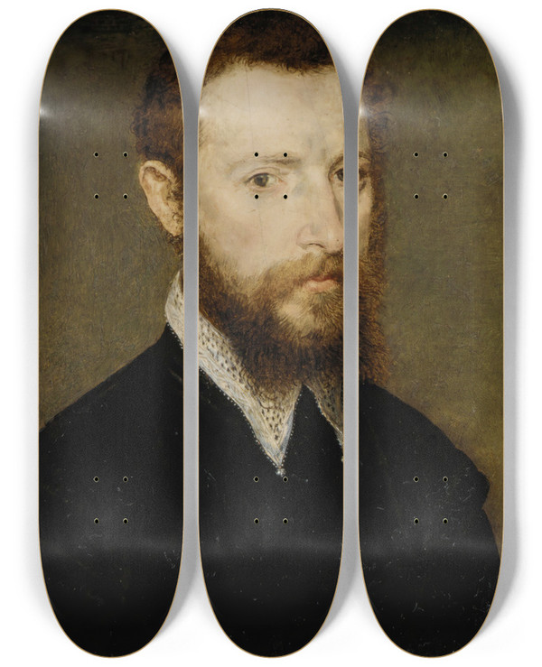 Triptych art skateboard deck of Corneille De Lyon Portrait Of A Man With A Pointed Collar by Corneille de Lyon (1500-1575)