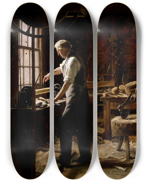Triptych art skateboard deck of Edgar Melville Ward The Blockmaker by Edgar Melville Ward (1839-1915)