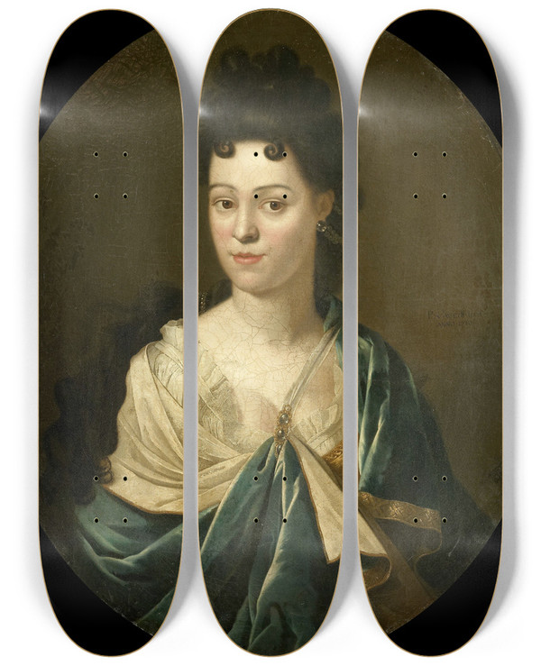 Triptych art skateboard deck of Pieter Van Der Werff Portrait Of Mrs Brustbatailhy by Pieter Van Der Werff (1665-1722)