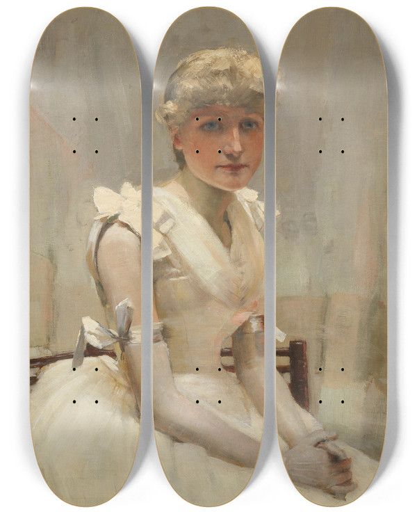 Triptych art skateboard deck of Sir John Lavery Portrait Of A Young Lady by Sir John Lavery (1856-1941)