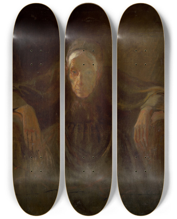 Triptych art skateboard deck of Ladislav Mednynszky Study Of An Old Woman by Ladislav Mednyanszky (1852-1919)