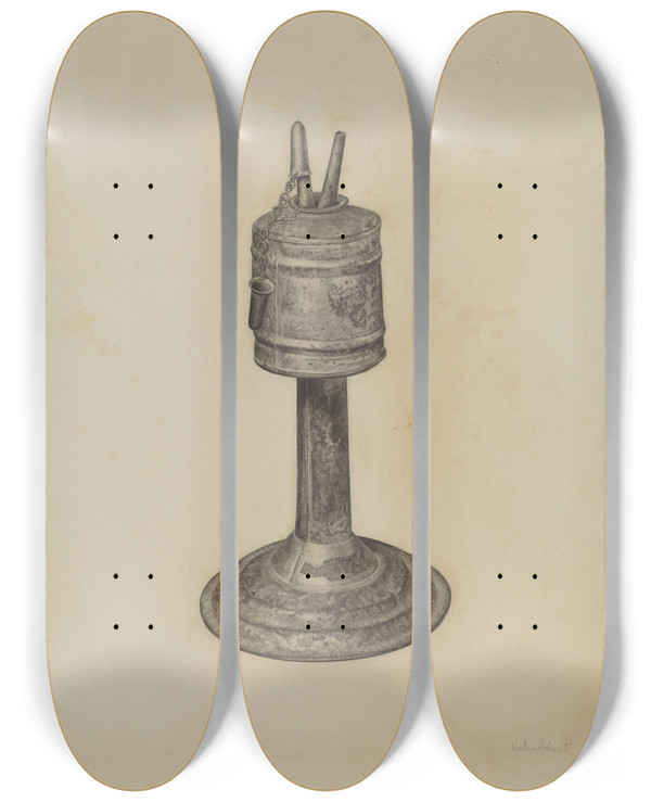 Triptych art skateboard deck of Helen Hobart Camphene Lamp by Helen Hobart