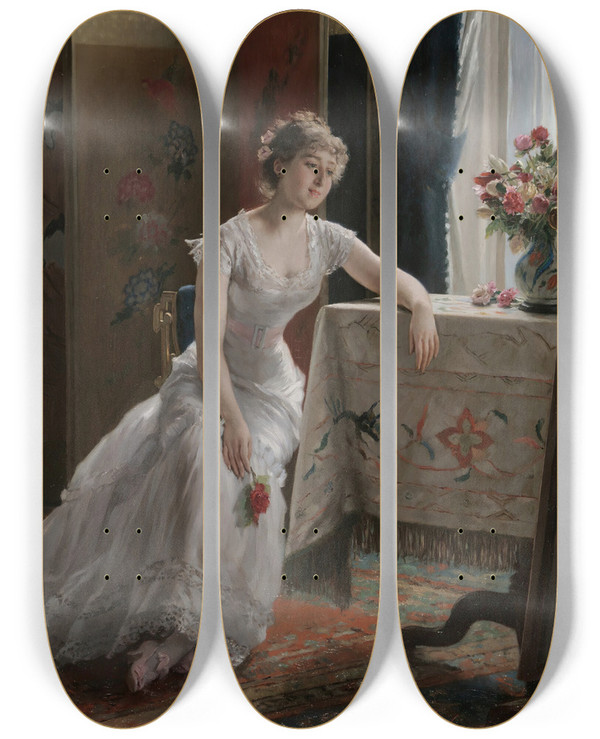 Triptych art skateboard deck of Gustave Lonard De Jonghe Girl With A Rose by Gustave Leonard De Jonghe (1829-1893)