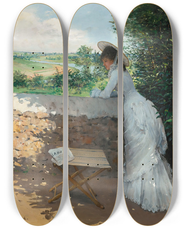 Triptych art skateboard deck of Jean Braud Un Figaro De Rve by Jean Beraud (1849-1935)