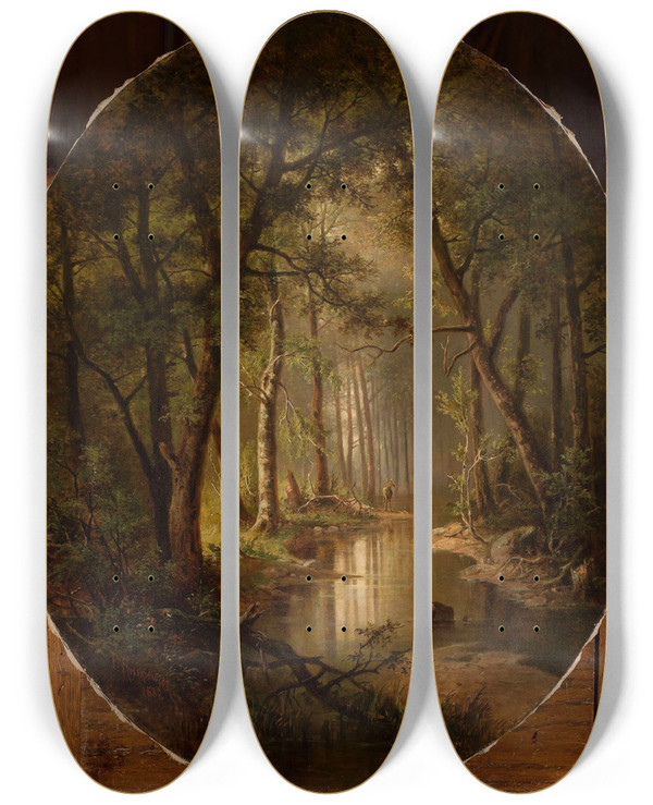 Triptych art skateboard deck of Franciszek Rukiewicz Stream In The Forest by Franciszek Ruskiewicz (1819-1883)