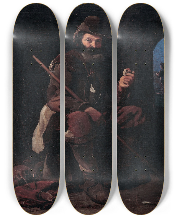 Triptych art skateboard deck of Michael Sweerts Old Pilgrim_2 by Michael Sweerts (1618-1664)
