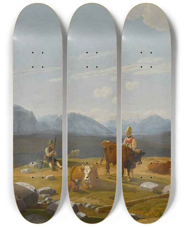 Triptych art skateboard deck of Wilhelm Von Kobell On The Alpine Pasture by Wilhelm von Kobell (1766-1853)