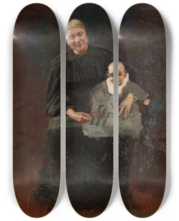 Triptych art skateboard deck of Wacaw Szymanowski Portrait Of Michalina Szymanowska Ne Naimska Artists Mother With Her Grandson Wacaw by Waclaw Szymanowski (1859-1930)
