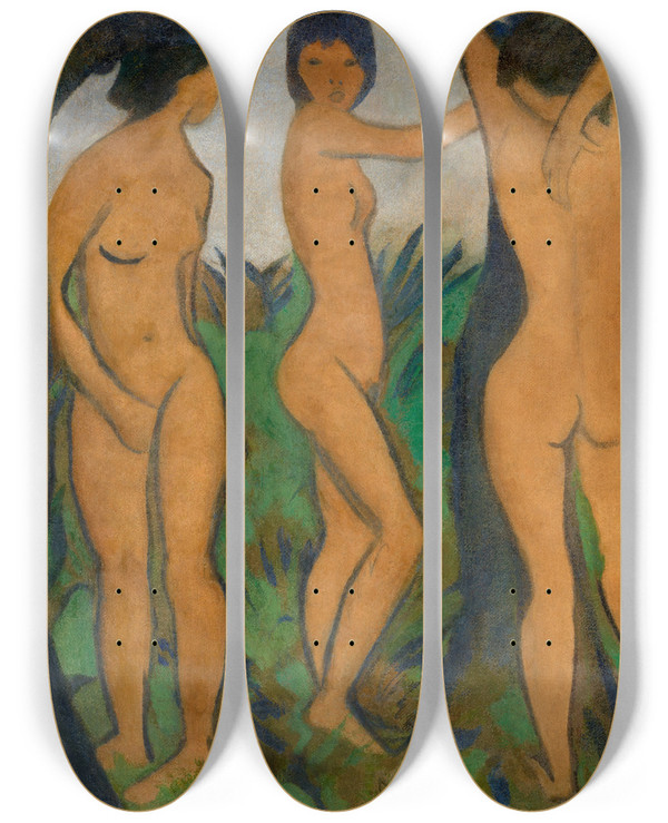 Triptych art skateboard deck of Otto Mueller Drei Akte by Otto Mueller (1874-1930)