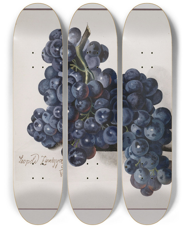 Triptych art skateboard deck of Leopold Zinngger Grapes by Leopold Zinnogger (1811-1872)