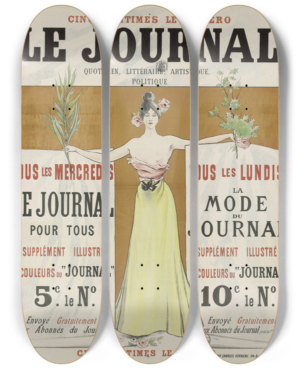 Triptych art skateboard deck of Charles Lucas Le Journal by Charles Lucas (1871-1930)