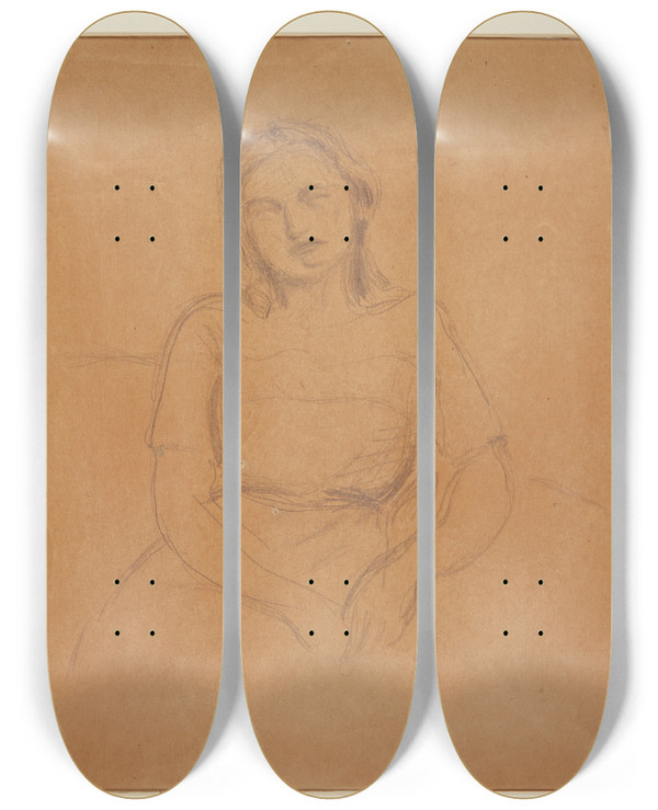 Triptych art skateboard deck of Harald Giersing Siddende Ung Pige by Harald Giersing (1881-1927)