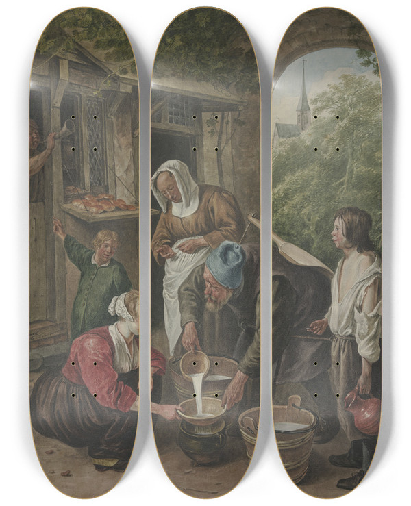 Triptych art skateboard deck of Wybrand Hendriks The Milk Seller by Wybrand Hendriks (1744-1831)