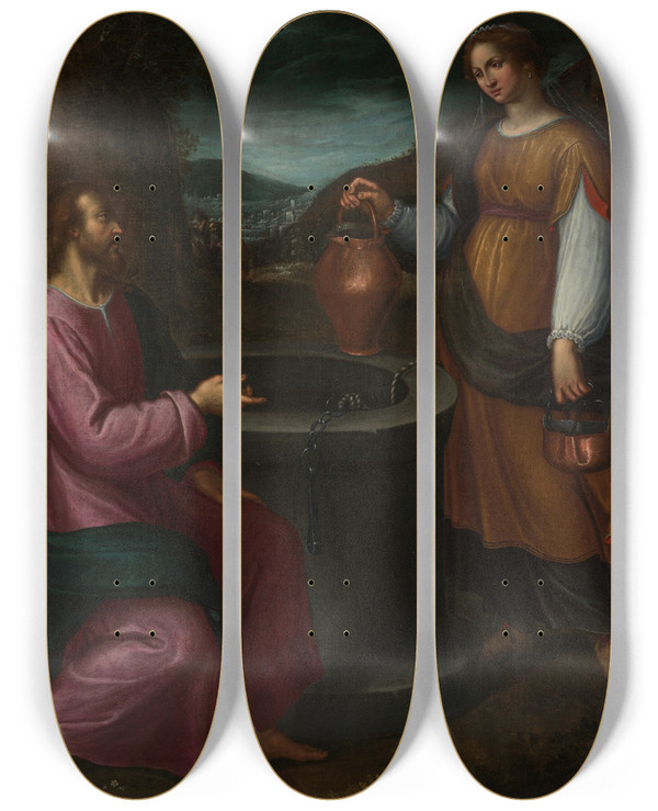 Triptych art skateboard deck of Antonio Mari Christus Und Die Samariterin by Antonio Mari