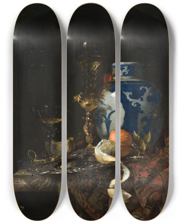Triptych art skateboard deck of Willem Kalf Still Life With A Chinese Porcelain Jar by Willem Kalf (1619-1693)