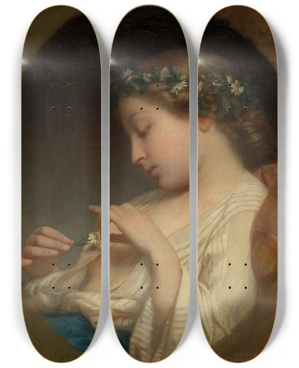 Triptych art skateboard deck of Charles Landelle Girl Guesses On Camomile by Charles Landelle (1821-1908)