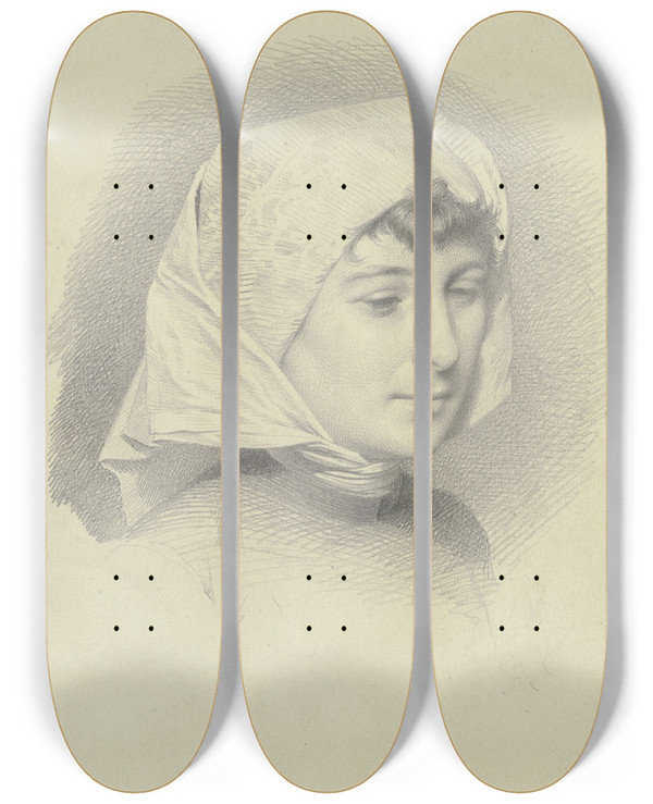 Triptych art skateboard deck of Eugen Klimsch Kopf Einer Jungen Frau Mit Tuch by Eugen Klimsch (1839-1896)