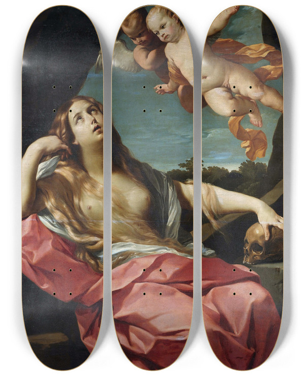Triptych art skateboard deck of Guido Reni Mary Magdalene by Guido Reni (1575-1642)
