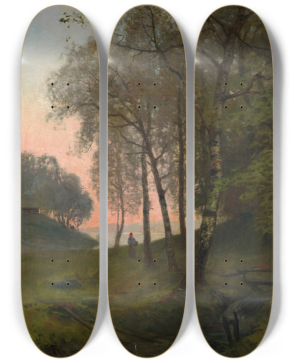 Triptych art skateboard deck of Oscar Trn Wooded Landscape With Figure by Oscar Torna (1842-1894)