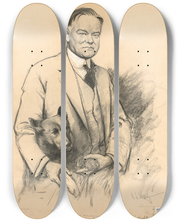 Triptych art skateboard deck of Samuel Johnson Woolf Herbert Clark Hoover by Samuel Johnson Woolf (1880-1948)