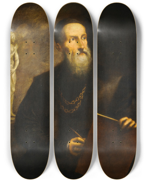 Triptych art skateboard deck of Pietro Della Vecchia Imaginary Selfportrait Of Titian by Pietro della Vecchia (1602-1678)