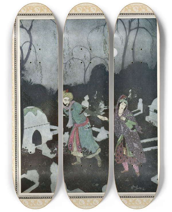 Triptych art skateboard deck of Edmund Dulac The Prince Leads The Lady To The Tomb by Edmund Dulac (1882-1953)