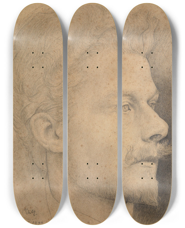 Triptych art skateboard deck of Charles Mertens Self Portrait by Charles Mertens (1865-1919)