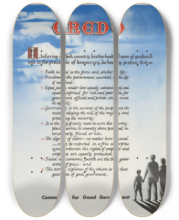 Triptych art skateboard deck of Us Information Agency Credo by U S Information Agency (1953-1999)